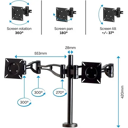 Fellowes Professional Series Deskclamped Dual Monitor Arm, Adjustable Height, Black
