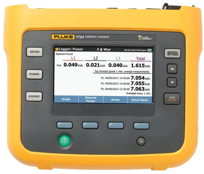 Fluke 1734/INTL Three Phase Power Energy Monitor & Logger, Bluetooth, USB A, USB Mini, Wi-Fi