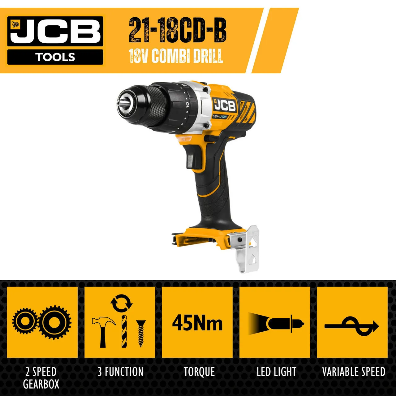 JCB 18V 45Nm Combi Drill, 2.0Ah Li-ion Battery & 2.4A Fast Charger Kit, 16+3 Torque Settings, Variable Speed