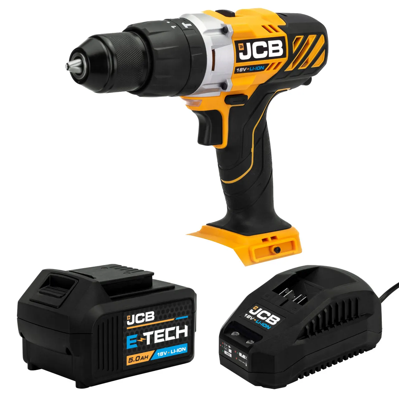 JCB 18V 45Nm Combi Drill, 5.0Ah Li-ion Battery & 2.4A Fast Charger Kit, 16+3 Torque Settings, Variable Speed