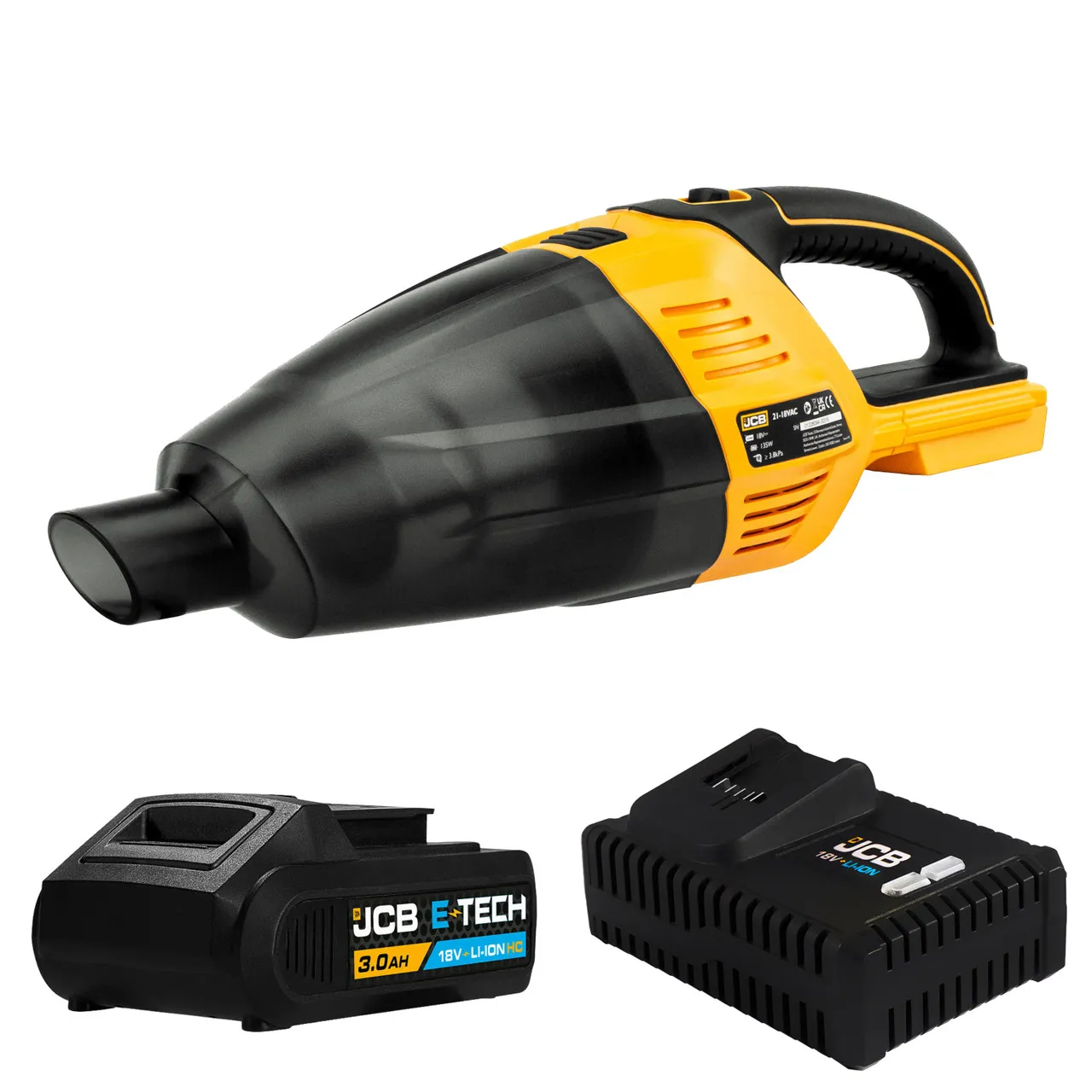 JCB 18V Handheld Vacuum Cleaner, 3.0Ah Li-ion Battery & 4Ah Fast Charger, 50mbar Max. Pressure