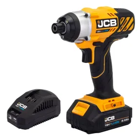 JCB 18V Impact Driver, 150Nm, 2.0Ah Li-Iion Battery and 2.4A Charger, 1/4" Hex Chuck | 21-18ID-2XB