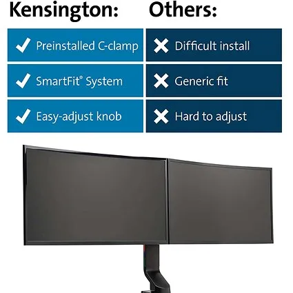 Kensington Smartfit Space Saving Deskclamped Dual Monitor Arm, Adjustable Height, Black