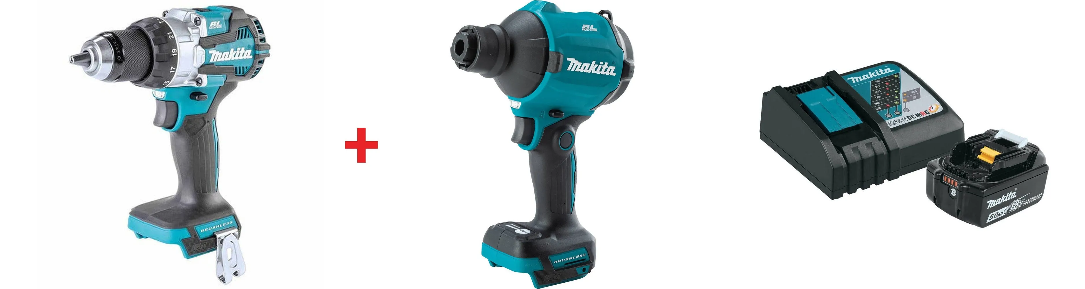 Makita 18V LXT Lithium-Ion Brushless 1/2 in. Hammer Driver Drill, High Speed Blower/Inflator, and 18V 5.0Ah Battery and Charger 
