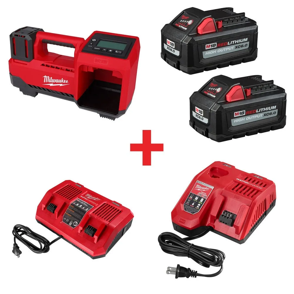 Milwaukee M18 Compact Tire Inflator with XC 6.0Ah Battery 2-Pack and M18 Dual Bay Simultaneous Rapid Charger and M18 & M12 R