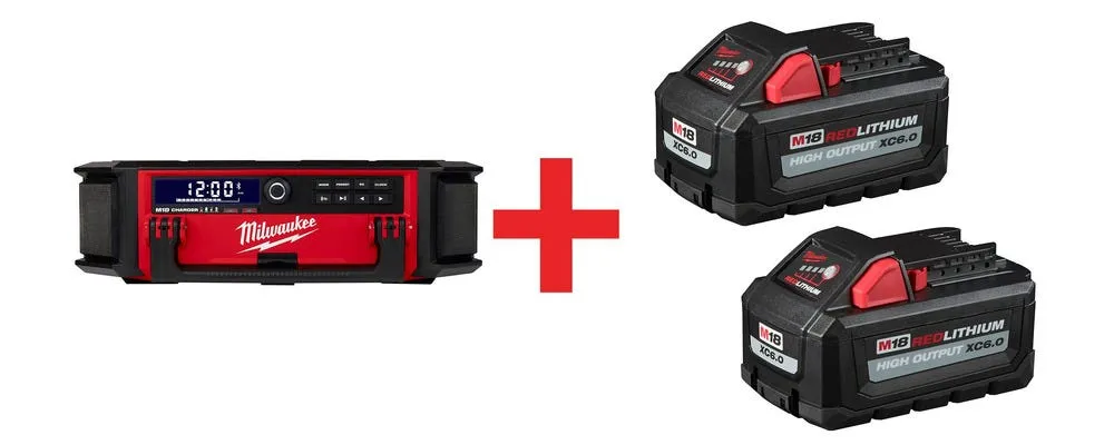 Milwaukee M18 PACKOUT 10-Speaker Bluetooth Jobsite Radio + Charger with 6.0Ah Battery 2-Pack